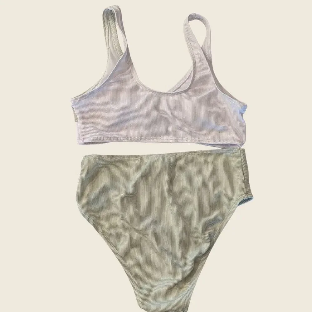 Girls Ribbed Bikini Set 12-13Y Sage Green & Ivory Color Block Ring Detail